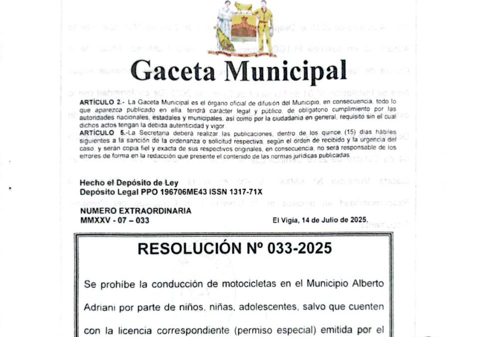 Cmdnna de Alberto Adriani prohíbe uso de motocicletas por niños, niñas y adolescentes y la realización de piruetas