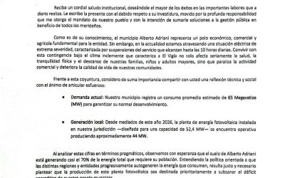 Alcalde Lisandro Segura  propone  priorizar el uso de la electricidad que produce la planta fotovoltaica en Alberto Adriani